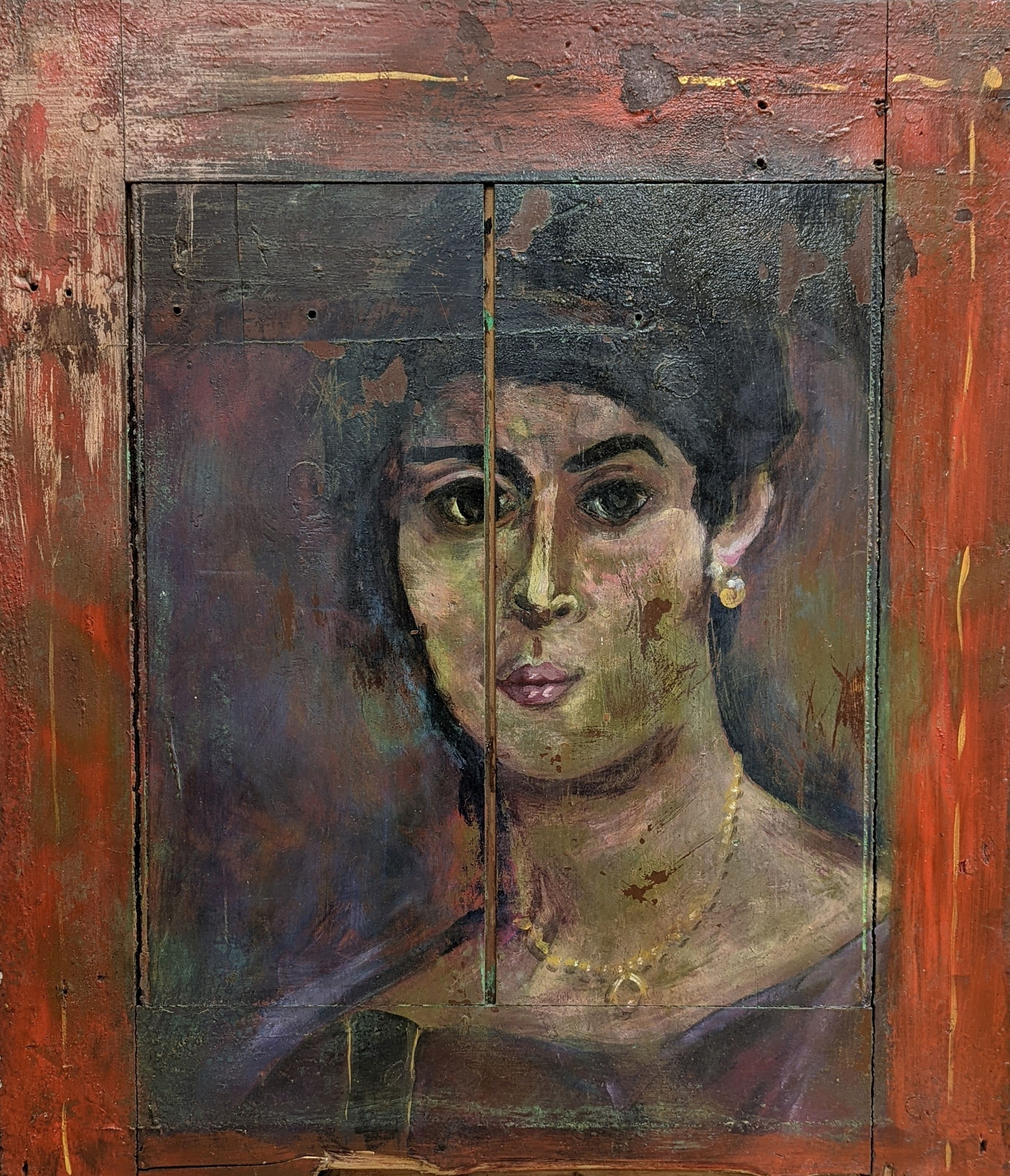 Style of Duncan Grant for Omega Workshops, oil on wooden panel, Portrait of a woman, overall 66 x 57cm, unframed